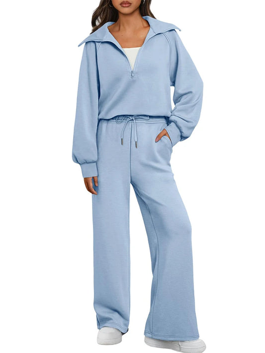 Women's Two-Piece Sports Set Loose-Fit Half-Zip Sweatshirt Wide-Leg Joggers Home & Leisure Set Sportswear Ensemble