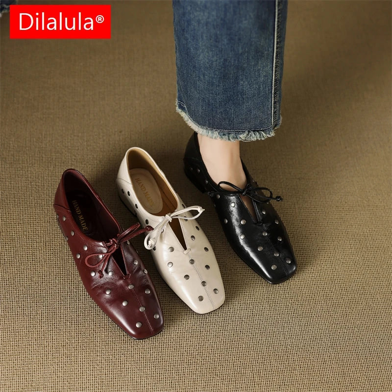Dilalula 2025 Spring Genuine Leather Rivet Pumps Women Lace Up Low Thick Heels Soft Back Young Women Leather Leisure Pumps