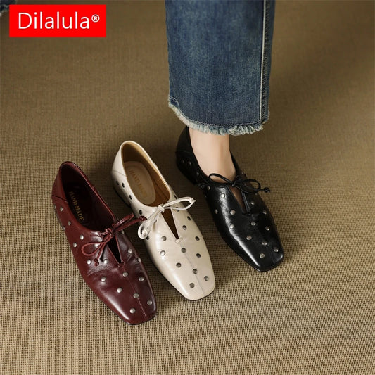 Dilalula 2025 Spring Genuine Leather Rivet Pumps Women Lace Up Low Thick Heels Soft Back Young Women Leather Leisure Pumps