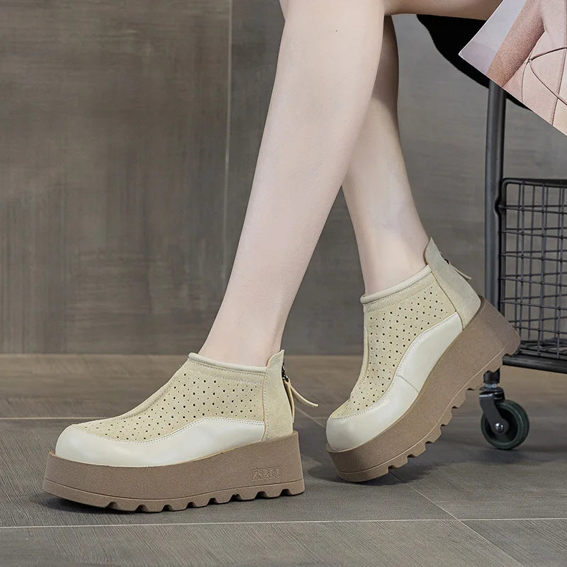 Fujin 6CM Suede Cow Genuine Leather Moccasins Women Platform Wedge Flats Women Shoes Ankle Booties Females ZIP Pumps Shoes