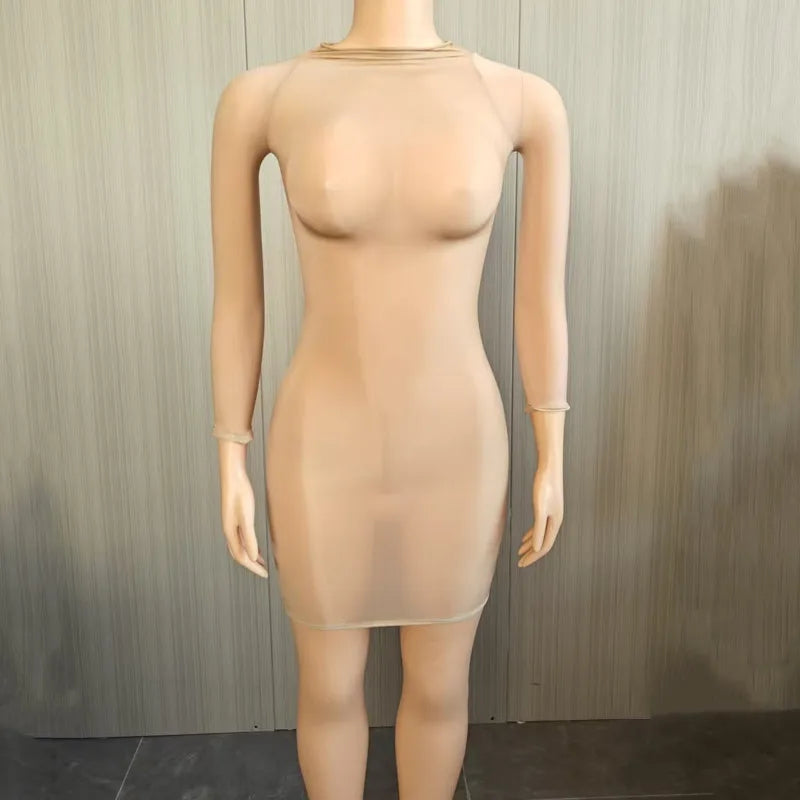 Sexy Ultra-Elastic Perspective Thin Long Sleeved Dress Dress Self-cultivation Women Clothing Tight-fitting Multiple Styles Dress
