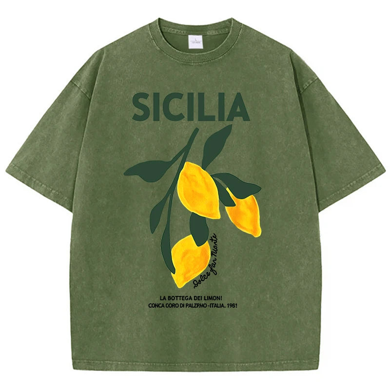 Amalfi Coast Italia Lemon Fruit Design Women Washed T-Shirts Y2K Casual T Shirt Summer Hip Hop Top Cotton Loose Short Sleeve