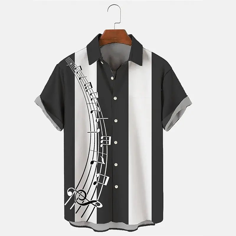 Men's Shirt Casual Buttoned Cardigan 3D Music Symbol Print short-sleeved Shirt Simple Striped Open Lapel Top