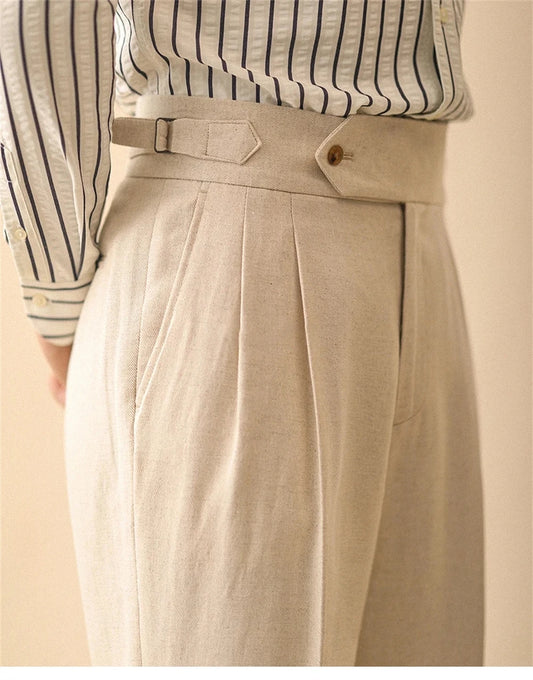 Linen Straight Pant For Men Summer Business Gentleman Naples Pant Paris Buckle Drape High Waisted Trousers Men Formal Pant