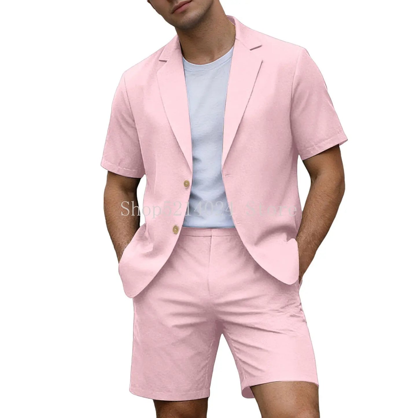 Suits for Men Short Sleeve Blazer Jacket Shorts Set Lightweight Wedding Party Business Casual Formal Outfits