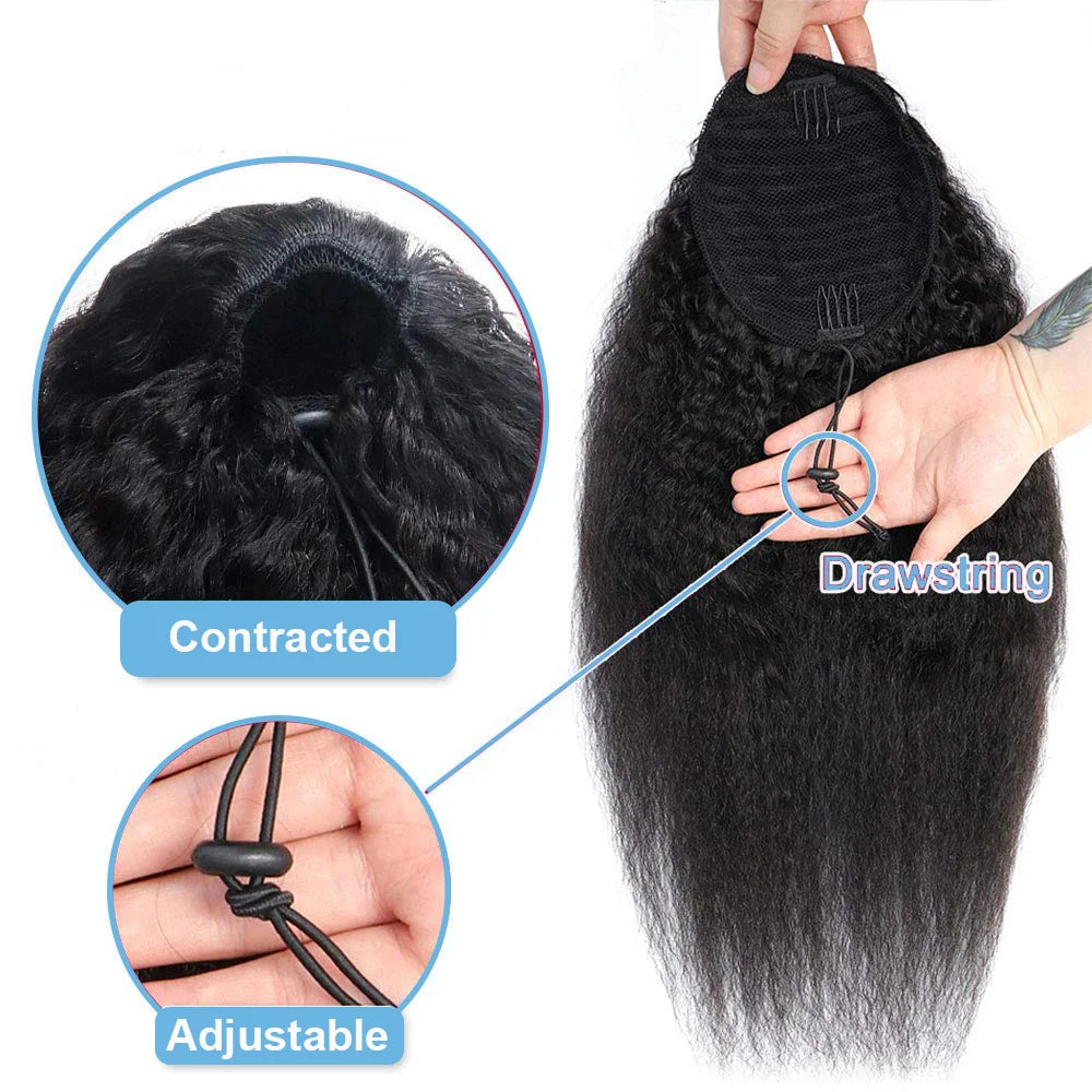 Drawstring Ponytail 100% Human Hair Kinky Straight Ponytail Remy Brazilian Hair Extensions Clip Ins Natural Color Ponytail