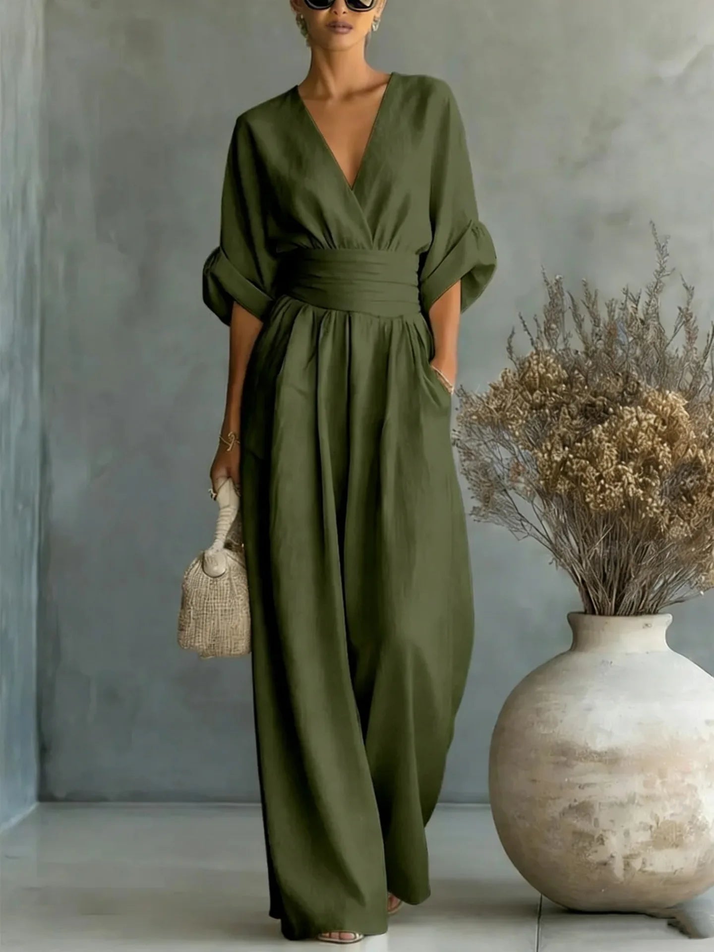 Elegant Solid Jumpsuits Women Shrot Sleeve V Neck Jumpsuit Trousers Wide Leg Pants Rompers Loose Style Belted Leotard Overalls