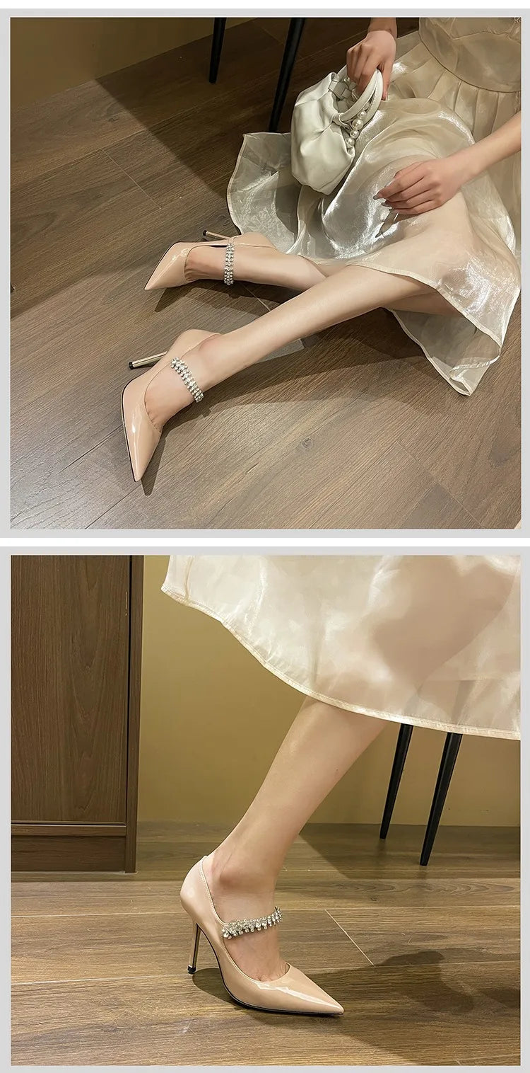 Spring 2025 New French Rhinestone Pointed White High Heels Temperament Patent Leather Shoes Women Wedding Pumps