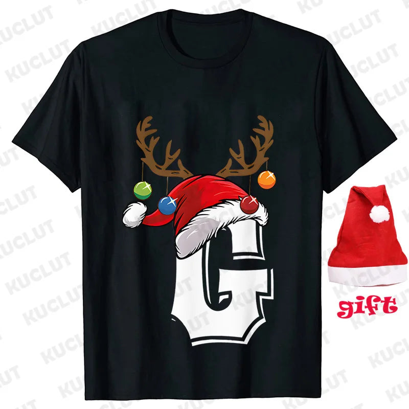 Funny Christmas Party Tshirt Fashion Women T Shirt Tops Short Sleeves T-shirt 26 A~Z Alphabet Casual Tees with Santa Hat Gift