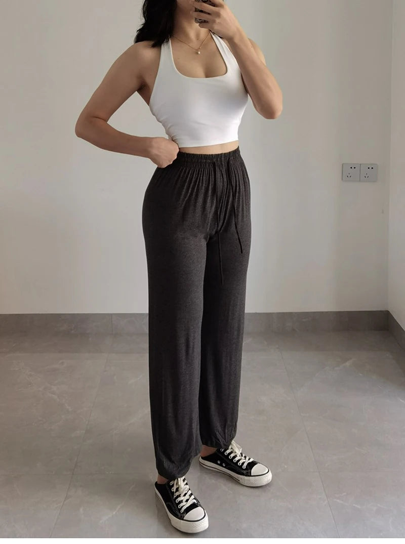 BIVIGAOS Summer Drawstring Ultra-thin Modal Wide Leg Pants Women High Waist Drape Casual Sport Pants Gray Sunscreen Fitness Pant