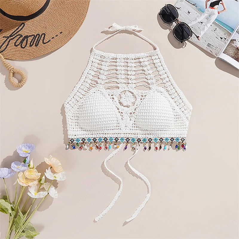 Bohemian Ethnic Style Sexy Knit Backless Short Crop Top For Women Lightweight Hollow Out Crochet Tassels Hem Halter Bras Bustier