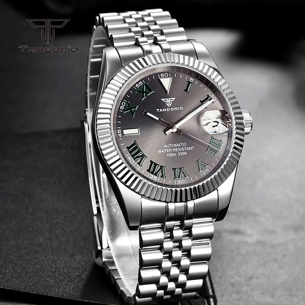 Tandorio Stainless Steel Automatic NH35 36mm/39mm Men's Watch Grey Sunburst Sapphire Roman Marks Mechanical Watches Date Lume