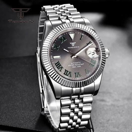 Tandorio Stainless Steel Automatic NH35 36mm/39mm Men's Watch Grey Sunburst Sapphire Roman Marks Mechanical Watches Date Lume