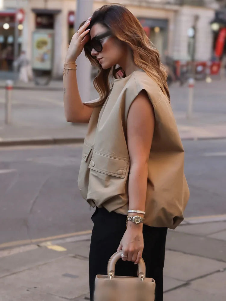 HH Women's New Fashion Versatile Round Neck Sleeveless Double Zipper Vest Female High Street Pleated Hem Loose Casual Vest