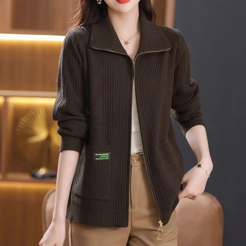 Knitted Cardigan Jacket Women Zipper Lapel Sweater Autumn Winter Outerwear