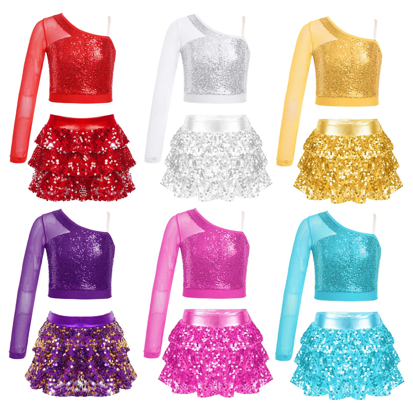 Kids Girls Dance Dresses Latin Jazz Modern Dance Show Costume Sequin Long Sleeve Crop Tops and Skirted Culottes Cheer Dancewear