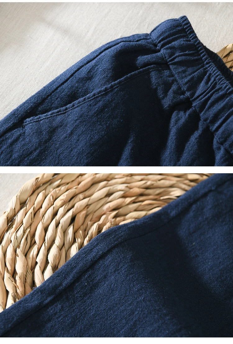Summer Thin Cotton Linen Straight Leg Casual Pants Men's Loose Fit Drawstring Elastic Waist Nine Point Pants Breathable Youth...