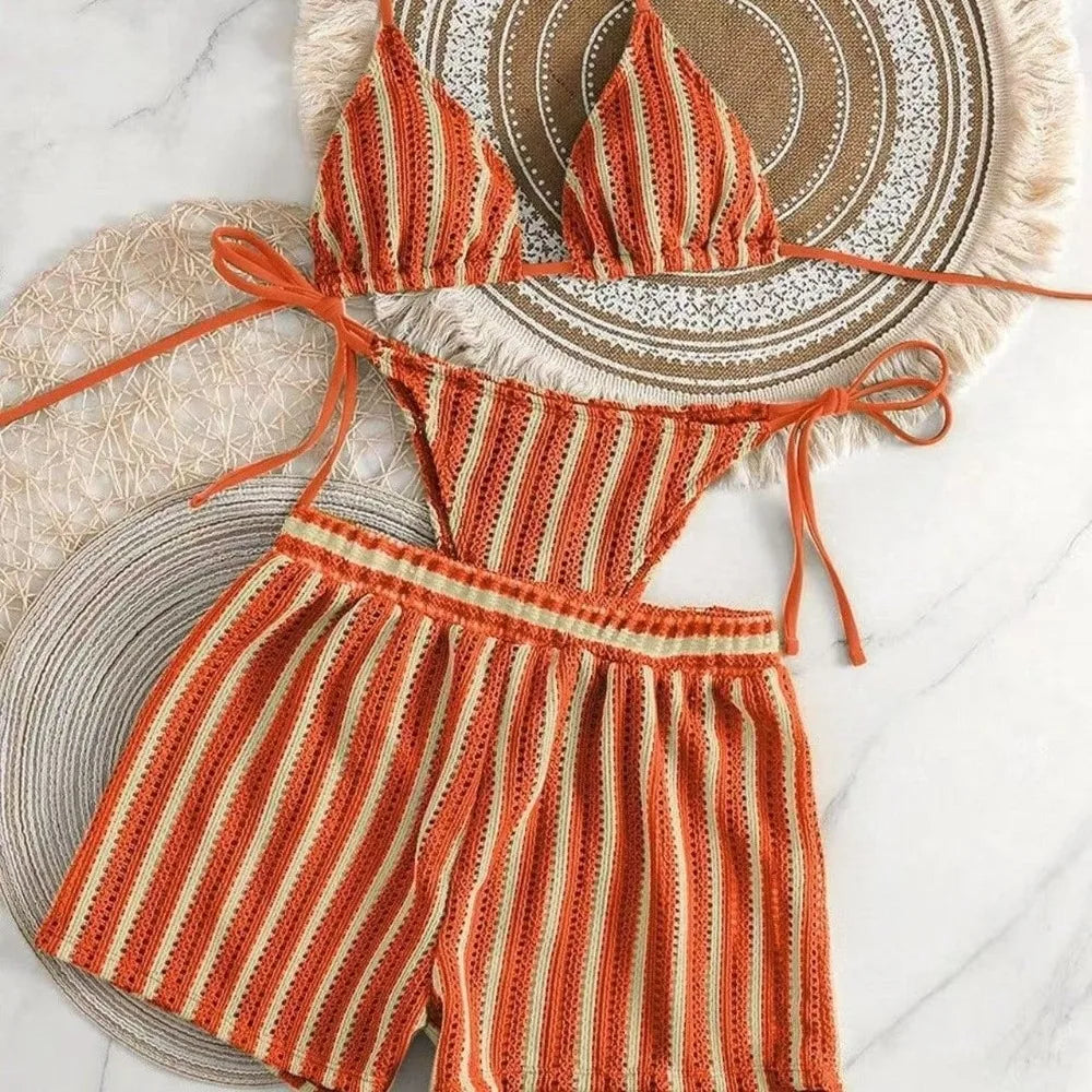 Casual Stripes 3 in 1 Swimwear Set Sleeveless Slim Fit Bikini Bathing Suit Lace Up Deep-V Knitting Swimsuit Beach