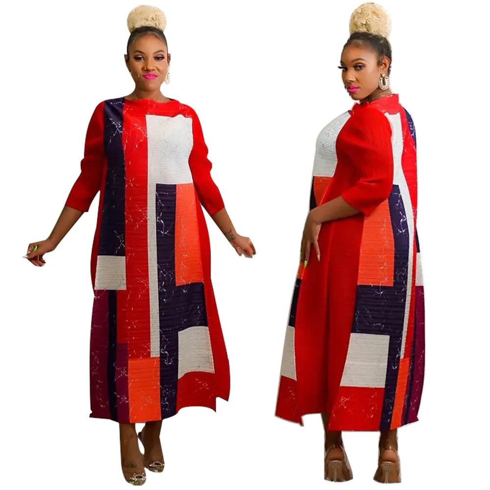 African Dresses for Women Summer Fashion Style African 3/4 Sleeve Polyester O-neck Pleated Dress Dashiki African Clothes Women
