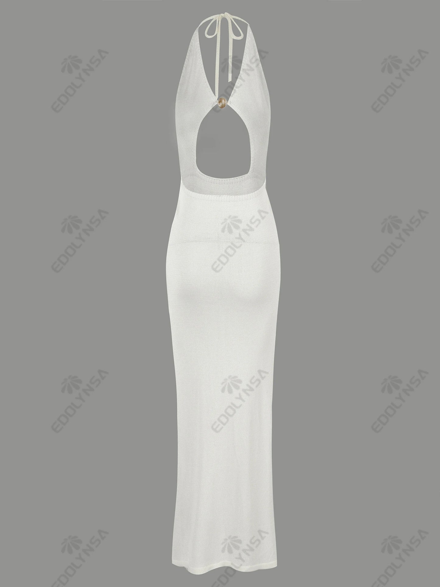 Sexy Knit Halter V Neck Slit Beach Maxi Dress For Women 2026 Chic Button Cut Out Backless Party Dresses Swimwear Cover Up A3151