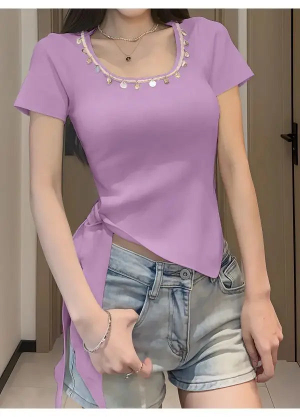 Short-sleeved Women's Top Bestseller 2025 New French Stylish Design Slimming and Flattering, Popular Online Clothing