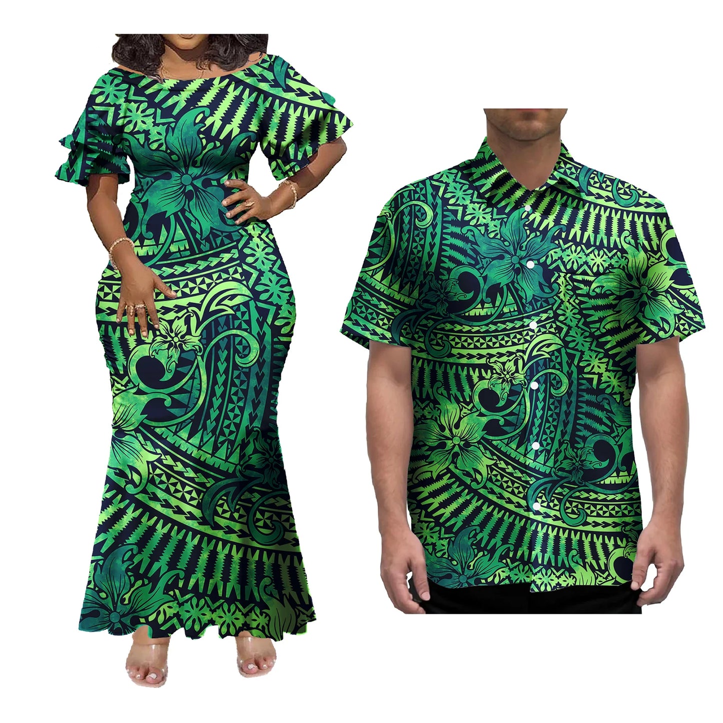 Mermaid Dress And Buttons Shirt Polynesian Couple 2 Pcs Set Plus Size Party Samoan Puletasi Matching Couple Outfits