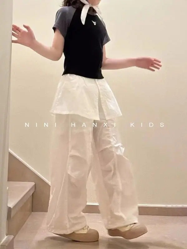 Girls' Trendy Workwear Skirtpants for Summer 2025 Stylish and Versatile, Spliced Fart Curtain Casual Pants for Baby Girls