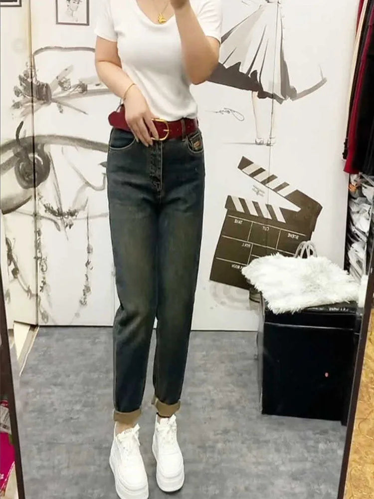 NEW Spring Autumn High Waist Straight Jeans Loose Fit Stretch Haren Denim Pants Ladies Ankle-Length Jeans Pants 2024