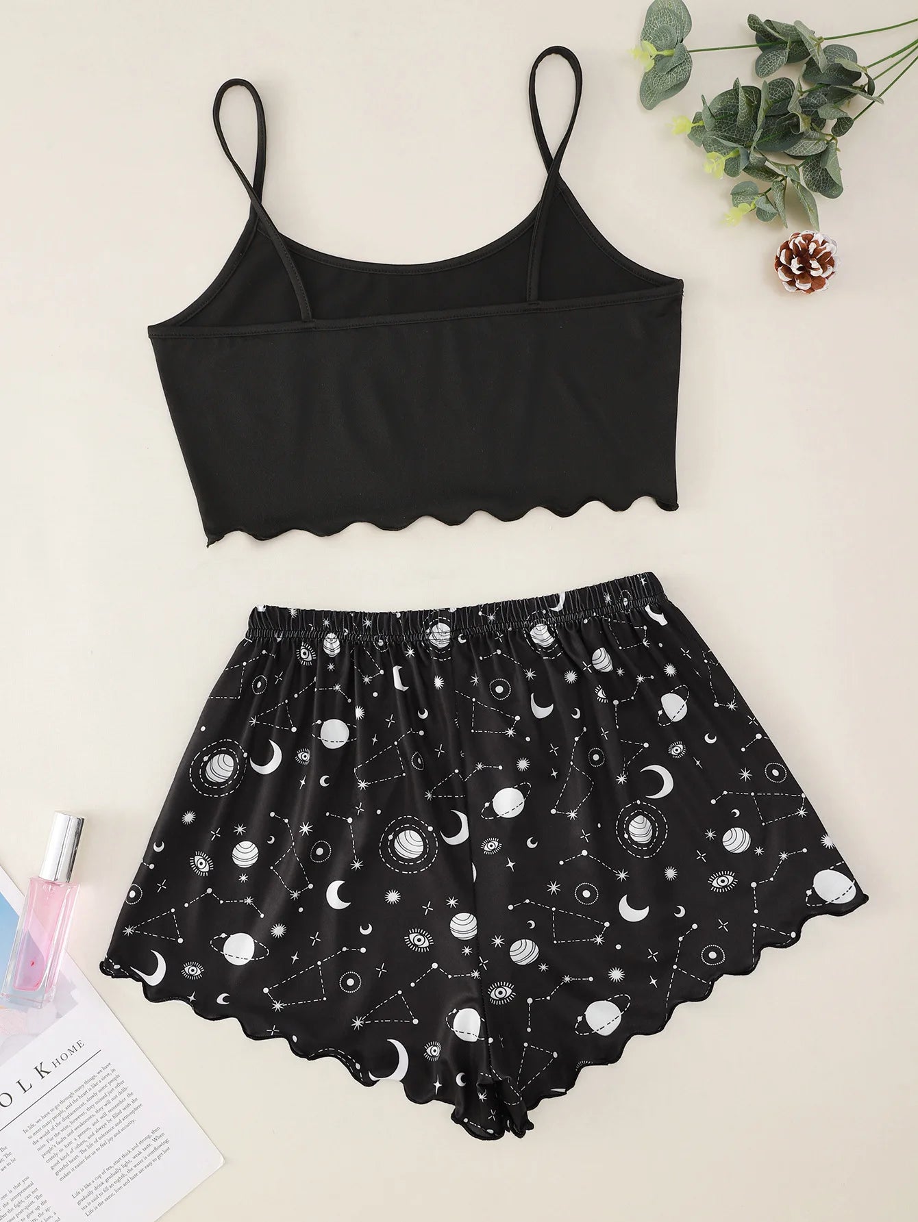 Summer Pajamas Set Women's Sleepwear Star Moon Printed Sleeveless Sling Crop Tops and Shorts Set Homewear Loungewear Pijama