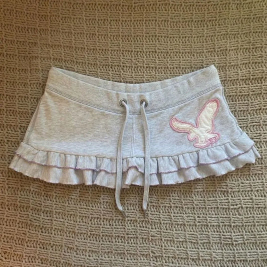 Y2k Aesthetic Letter Print Mini Skirt Women Harajuku Drawstring Sweet Cute Dress Streetwear Ruffled Grunge Skirts Chic Fashion