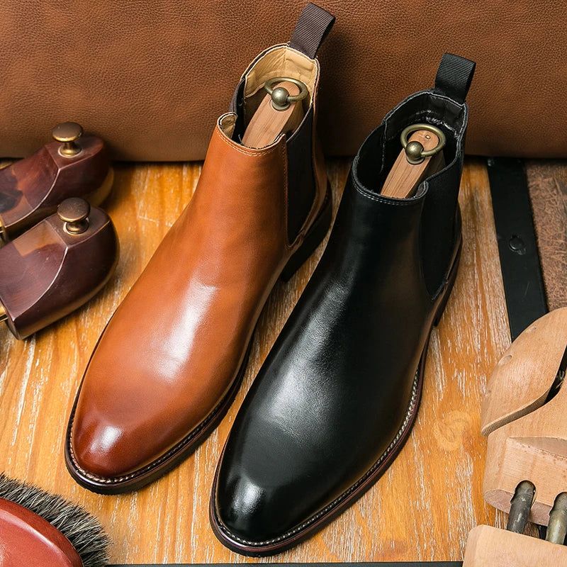 2025 Men's Fashion Chelsea Boots Classic Trendy Soft Leather Upper Non-Slip Rubber Sole Daily Casual Resistant Ankle Dress Boots