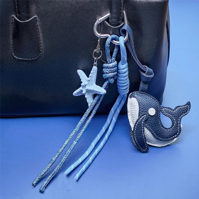 Exquisite Blue Whale Pendant Keychain,Cartoon Cute Starfish Whale Woven Rope Charm Car Bag Decoration Creative Gift