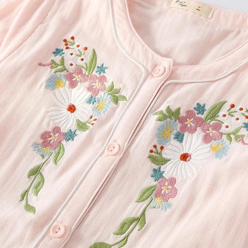 Women 100%Cotton Pajama Style Sleepwear Nightwear embroidery Summer Women's Short Sleeved Long Pants Cardigan Pajama Set