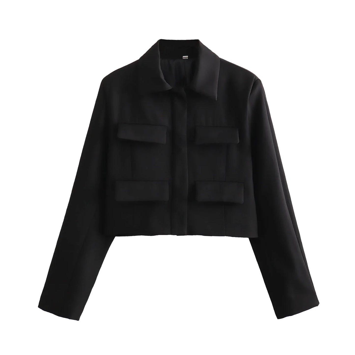 HH Spring Jacket For Women Slim Cropped Coat Elegant Solid Long Sleeve Jacket Front Flap Pocket Outerwear Fashion Streetwear
