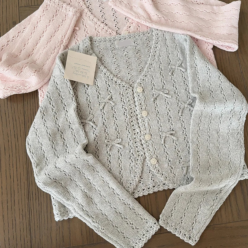 Sweet Knitted Cardigans Women Hand Crochet Bows Decoration Heart Hollow Out Sweaters for Kawaii Girls