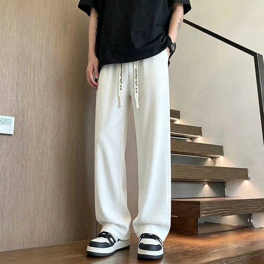 New Mens Wide Leg Pants Summer Loose Textured Casual Trousers Baggy Straight Relaxed Fit Streetwear Comfortable Pants