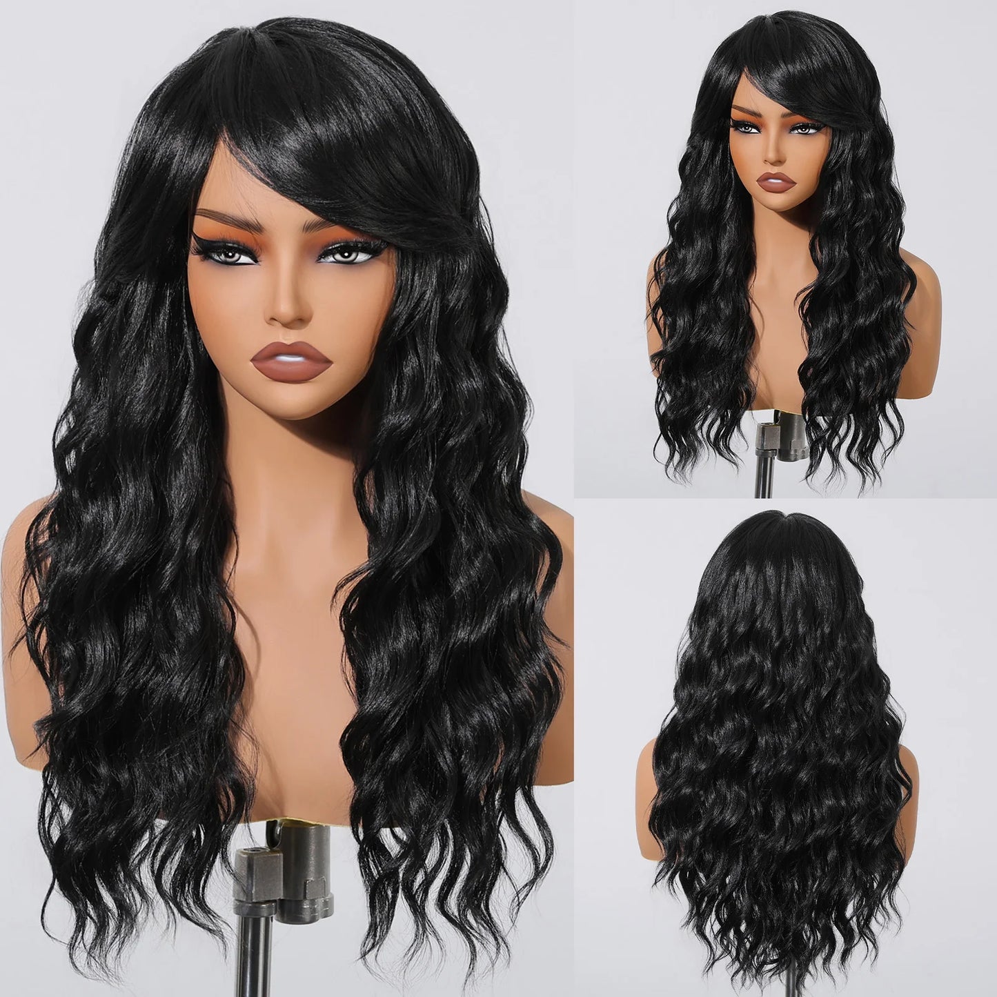 EASIHAIR Dark Brown Long Curly Synthetic Wig with Bangs Brown Women's Wigs for Cosplay Daily Use Heat Resistant Natural Hair