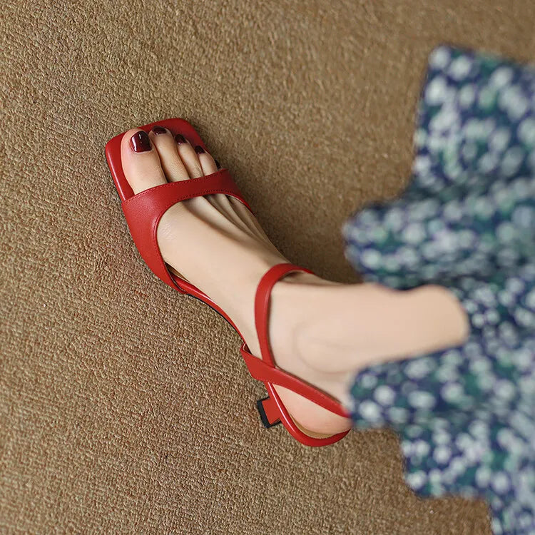 2025 Summer Sandals Women Shoes Open-Toe Thin Heel Women Sandals Split Leather Square Toe Shoes for Women High Heels Handmade