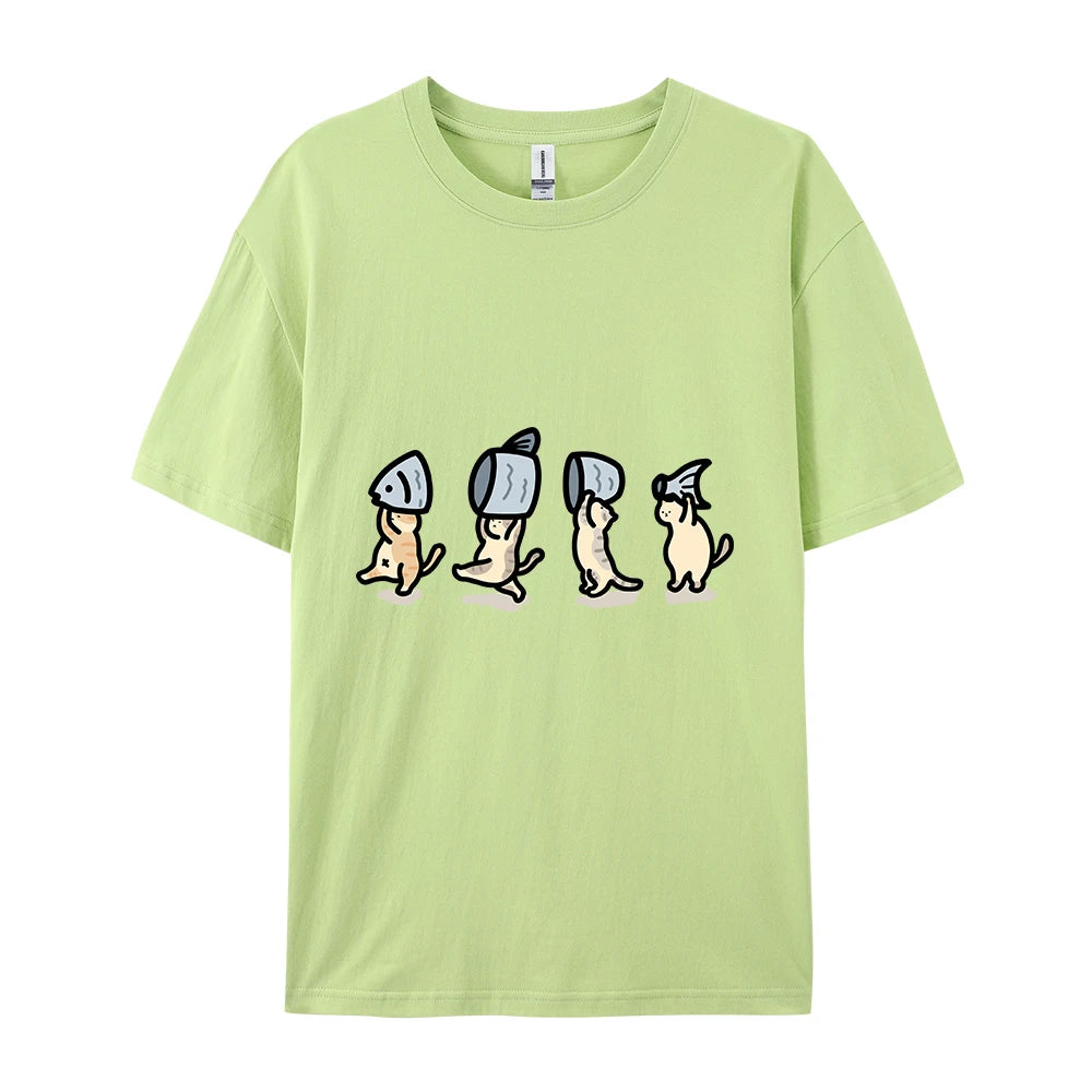 Four Little Cats Holding Fishcotton Women T-Shirts Cartoons Prints T Shirts Soft O-Neck Loose Short Sleeve Tops Summer Clothes