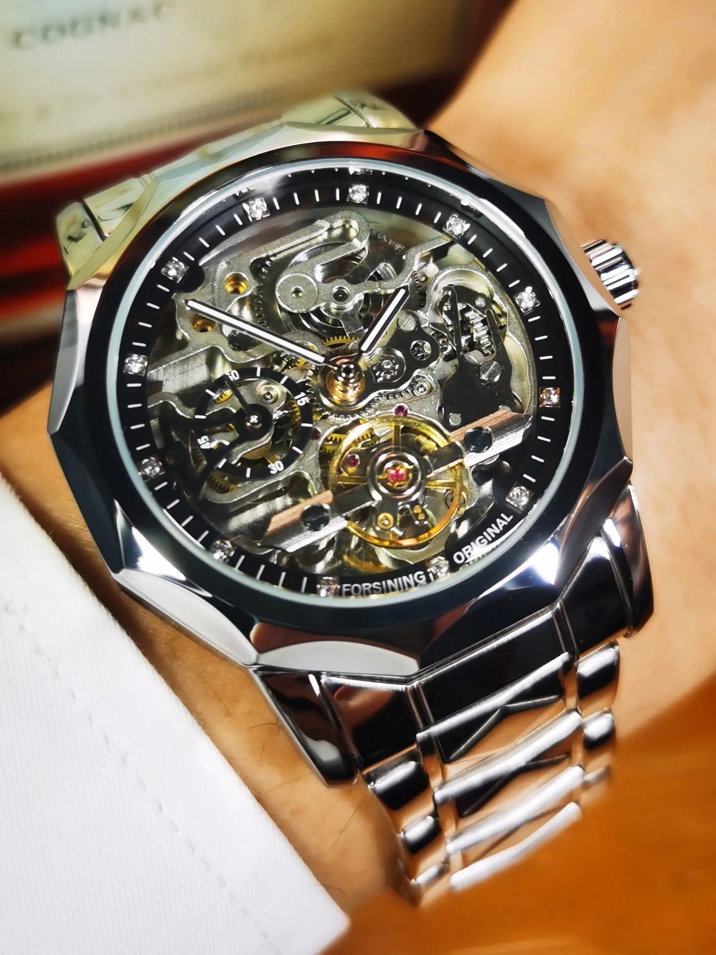 Forsining Fashion Tourbillon Skeleton Automatic Mechanical Watch for Men Luminous Hands Iced Out Watches Stainless Steel Strap
