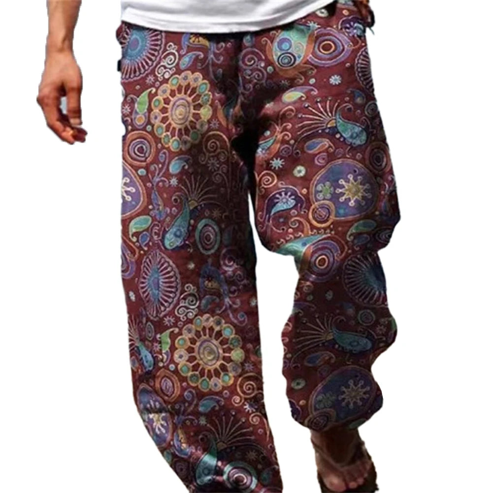 Mens Casual Baggy Harem Pants Elastic Waist Beach Loose Wide Leg Hippy Trousers