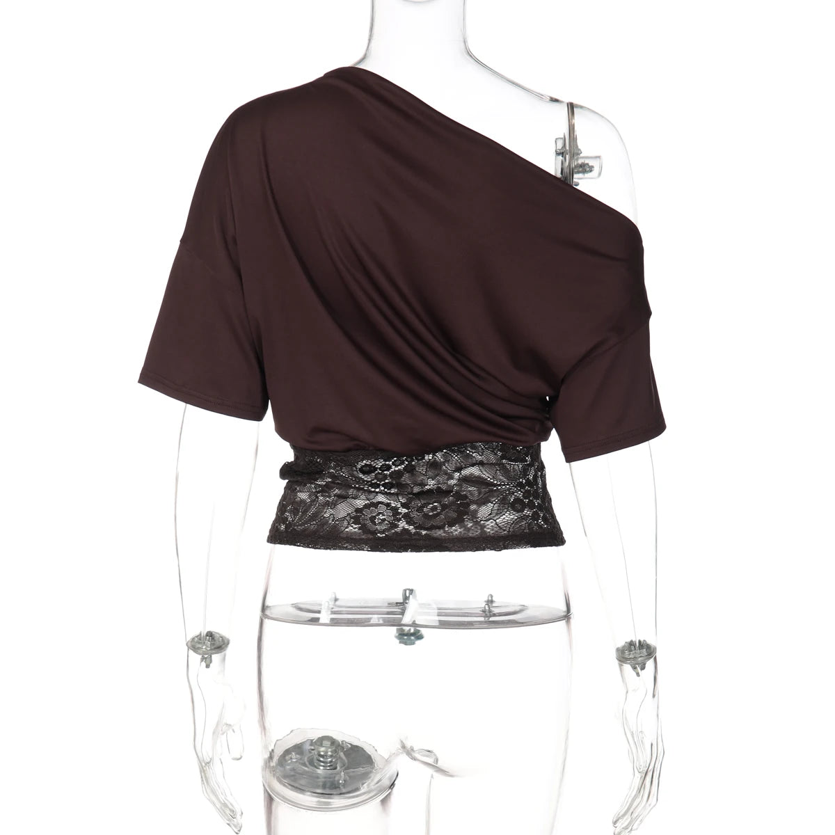 Dulzura Inclined Shoulder Short Sleeve Slim Lace Patchwork T-Shirt Women'S Vintage Sexy Casual Y2K Top Party Club Summer Clothes