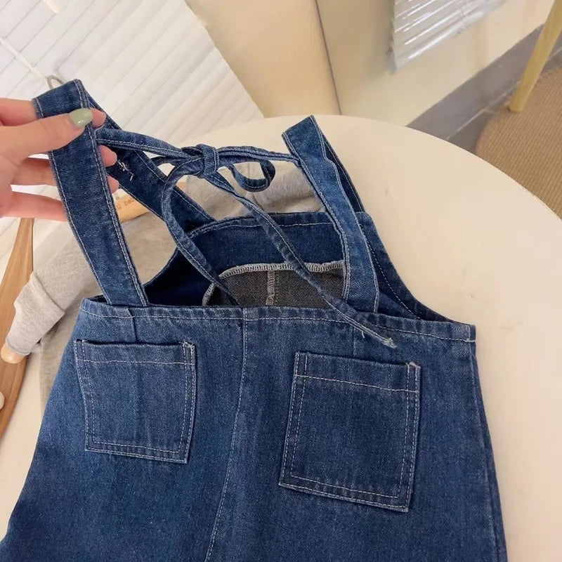 Summer Girls' Clothing Sets Casual Style Pocket Denim Suspender Dress +Short Sleeve 2Pcs Baby Kids Children Clothes Suit