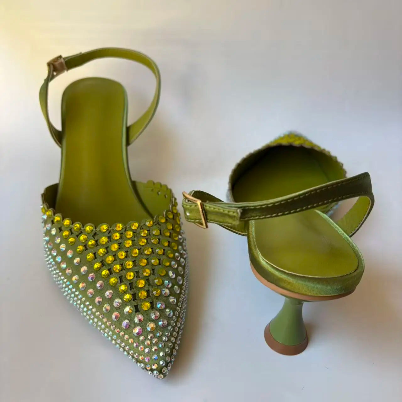 INSIGHTLINK Women Olive Green Pointed-Toe Sandals Women's High Heels Shoes and Bags for Party Rhinestone Evening Bags And Shoes