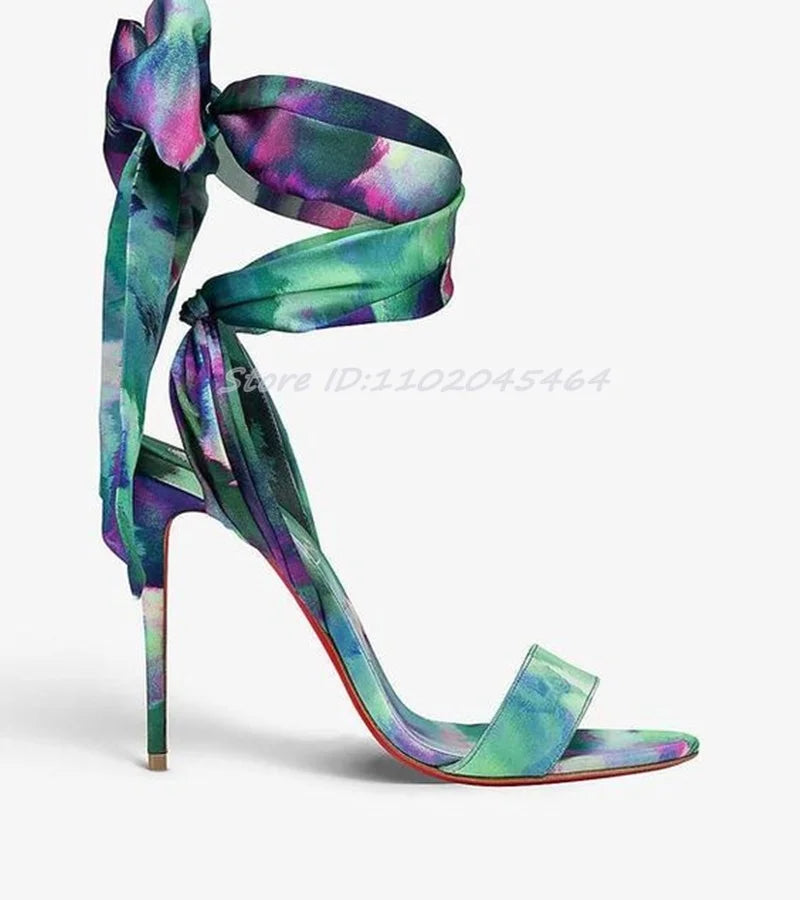 2025 New in Satin Ribbon Warp Multicolor Sandals Women's Luxury Designer Party High Heels Chic Sexy Bow10cm Stilettos Shoes