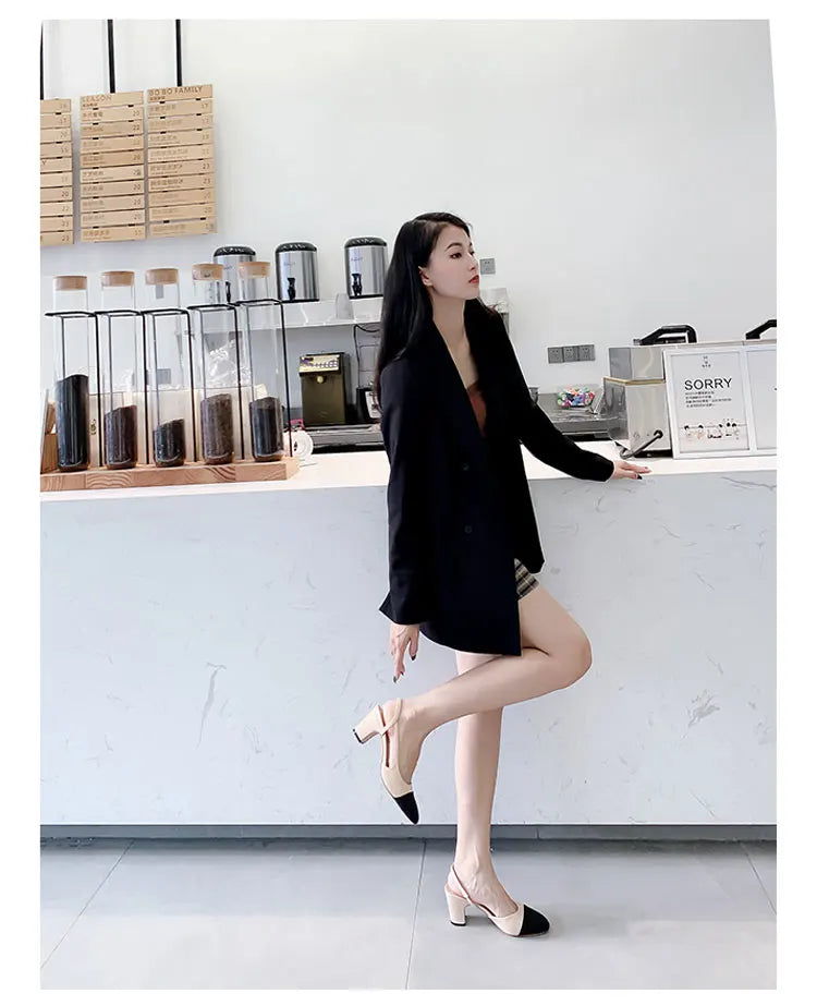 2023Spring Autumn Fashion High Heels Sandals Women's Dress Square Toe Slingback Shoes Women's Color Block Back With Flat Sandals