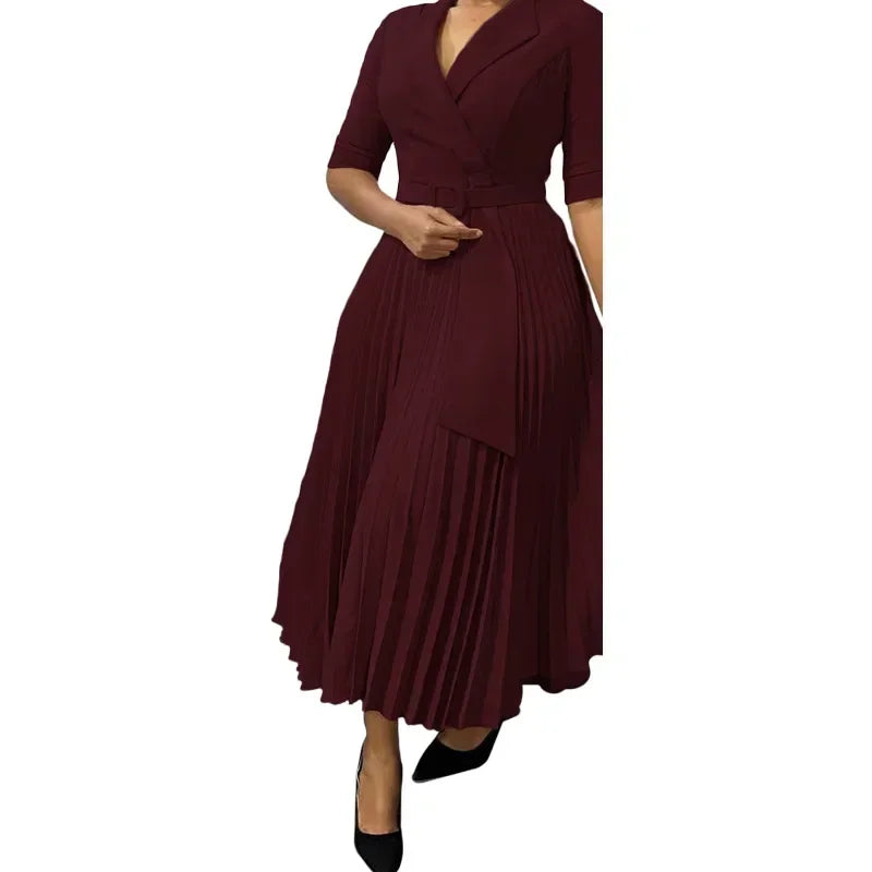 New Dashiki African Dresses for Women Spring Autumn Elegant Half Sleeve V-neck Pleated OL Style Midi Dress African Clothes Femme