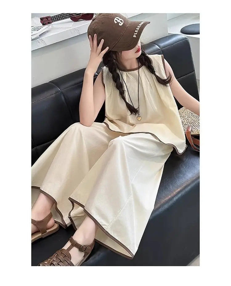 Girls Clothing Sets Fashion Summer Kids Loose Sleeveless Tshirts + Wide Pants 2PCS Casual Children Clothes 6 8 10 12 14 Years