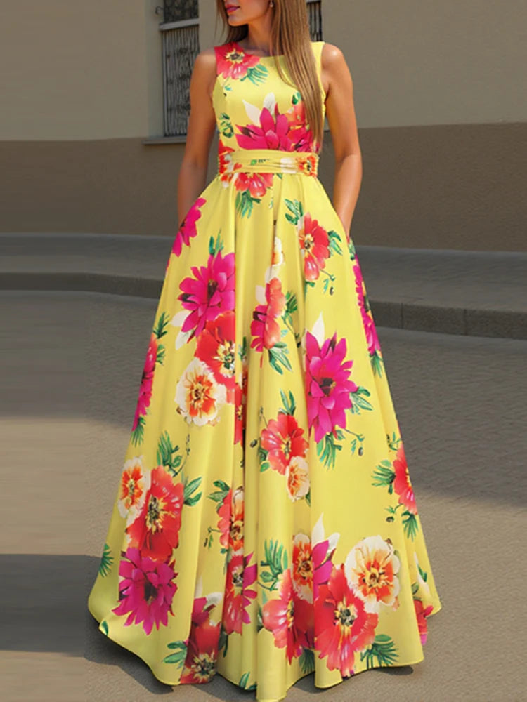 ZANZEA Women Floral Printed Bohemian Sundress 2026 Summer Tank Dress Fashion Sleeveless Waisted Robe Casual Party Maxi Dresses