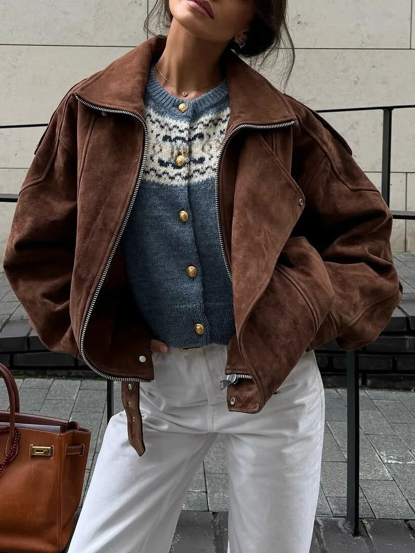 European and American Brown Lapel Irregular Short Loose Jacket Retro Maillard Fashion Casual Top